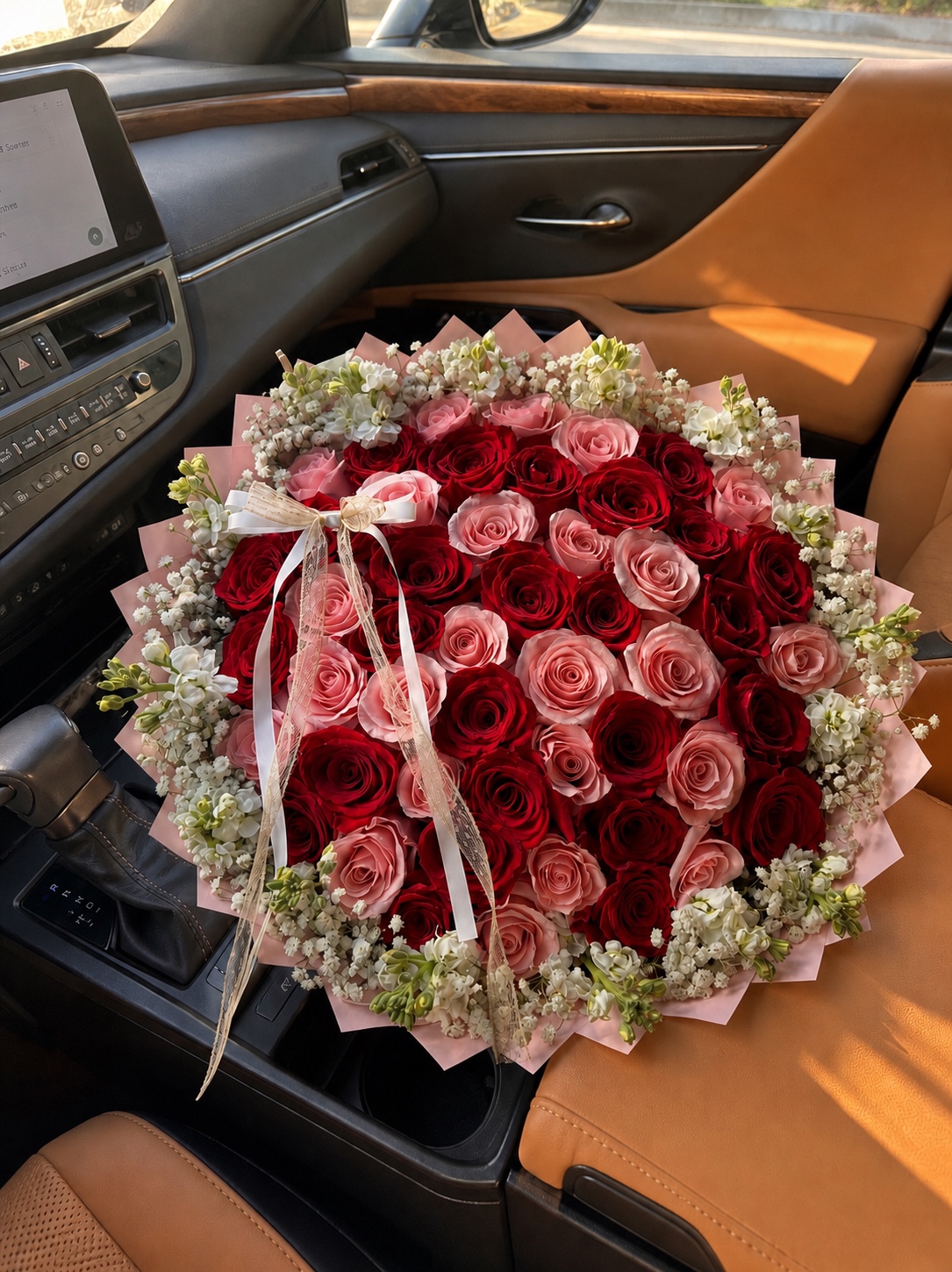 Red and blush luxury rose bouquet with white florals
